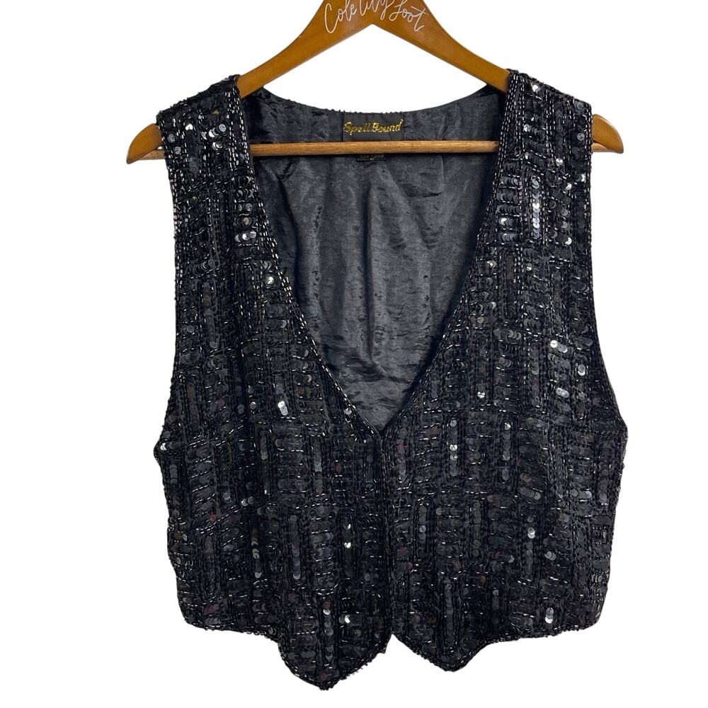 Spellbound Black Sequin Vest Medium 100% Silk Sleeveless Top Vintage